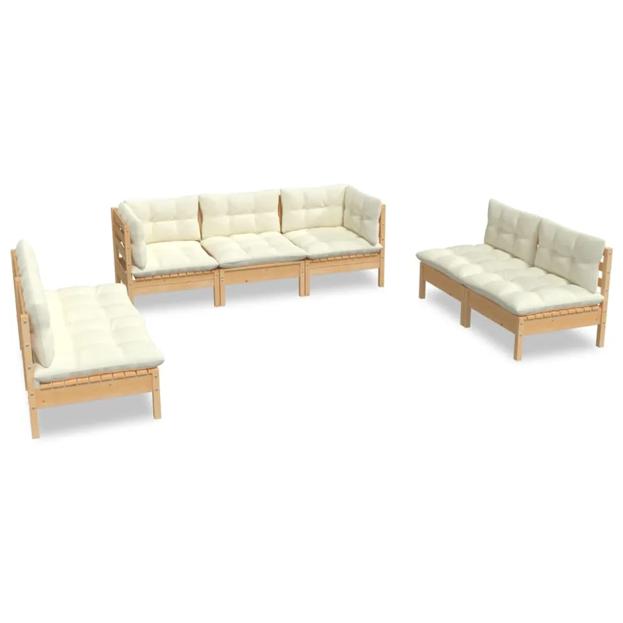 Salon de jardin 7 pcs avec coussins crème bois de pin massif - 2