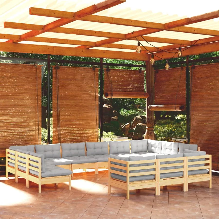 Salon de jardin 13 pcs avec coussins gris bois de pin