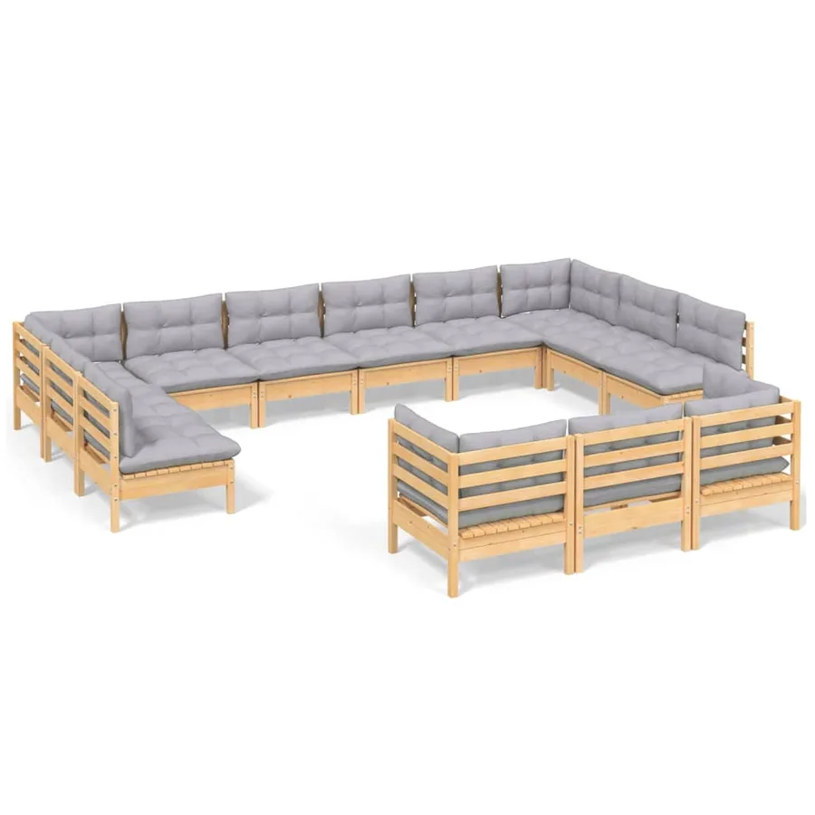 Salon de jardin 13 pcs avec coussins gris bois de pin - 2