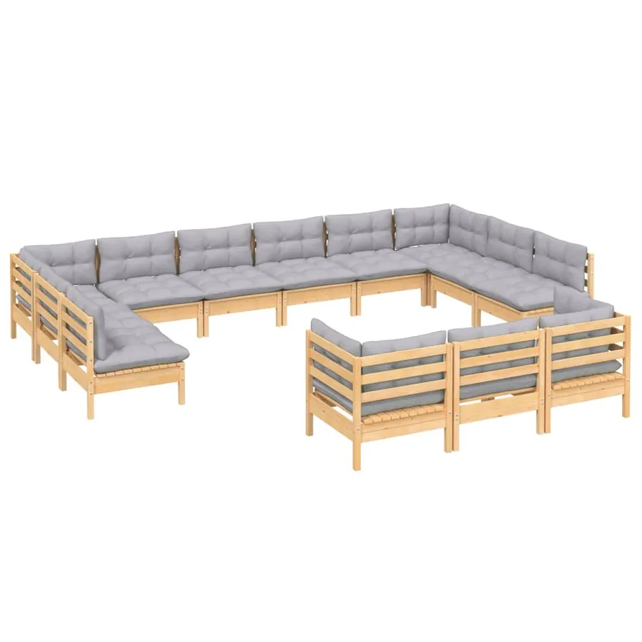 Salon de jardin 13 pcs avec coussins gris bois de pin - 3