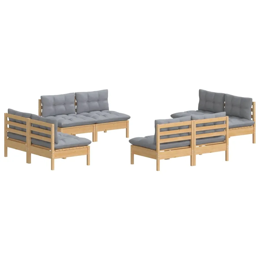 Salon de jardin 8 pcs avec coussins gris Bois de pin - 3