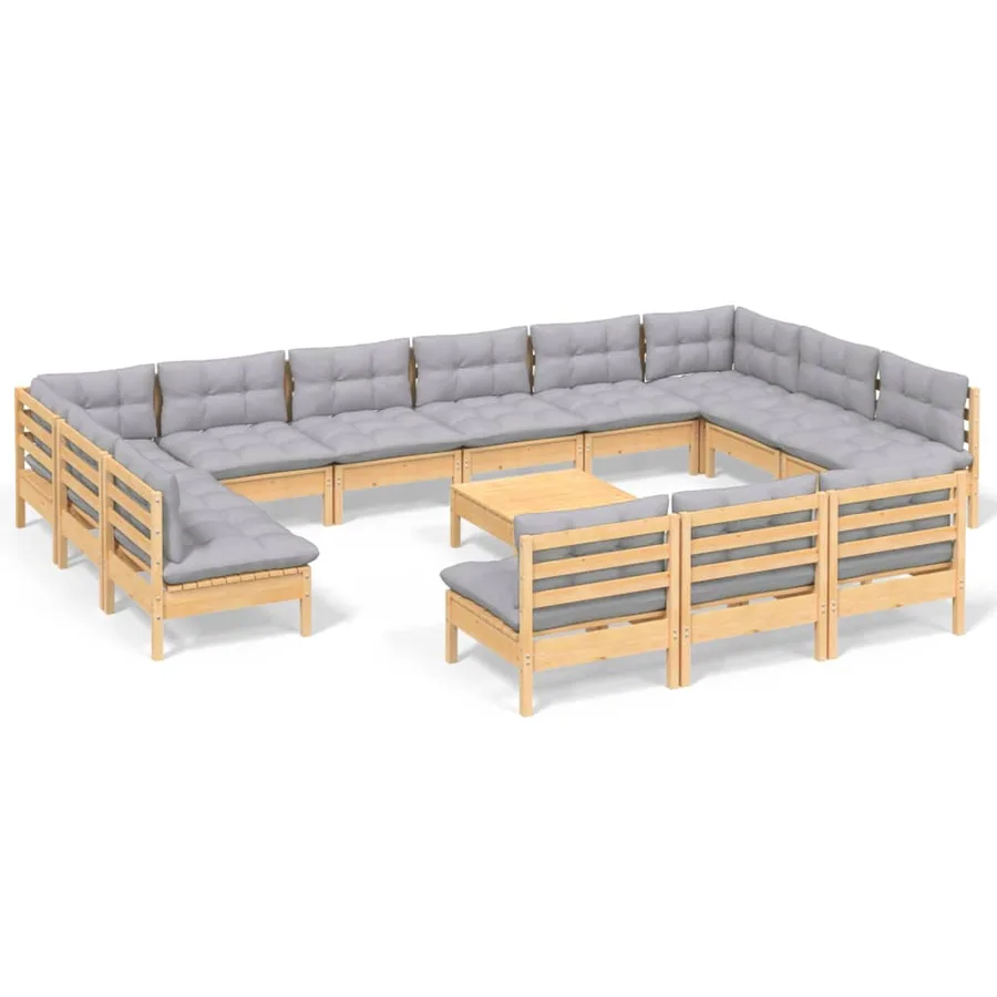 Salon de jardin 14 pcs avec coussins gris Bois de pin solide - 2