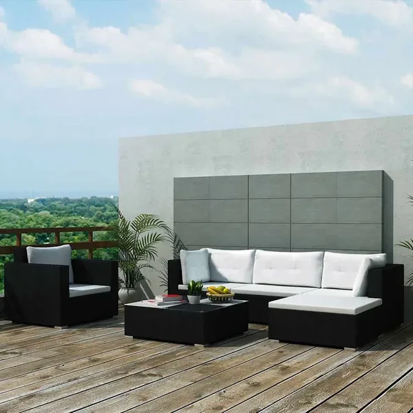 Salon de jardin 6 pcs avec coussins résine tressée noir
