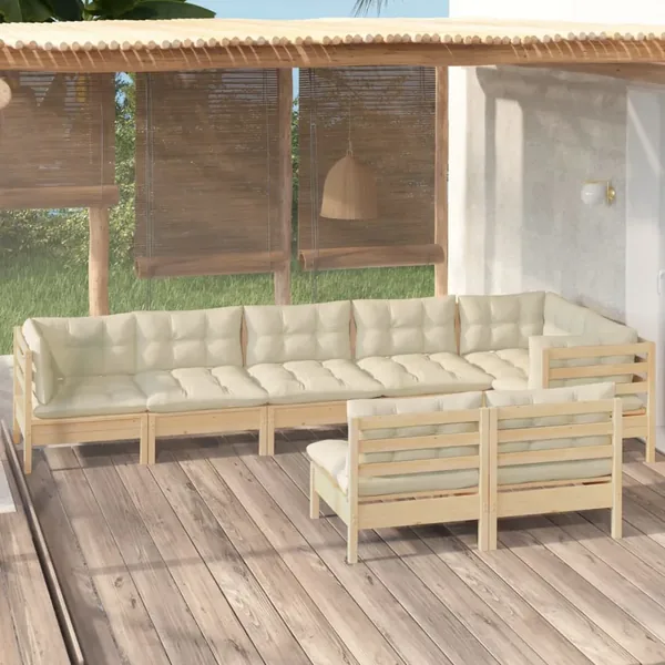 Salon de jardin 8 pcs avec coussins crème Bois de pin massif