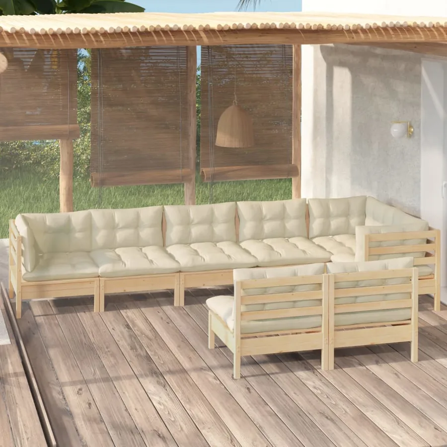 Salon de jardin 8 pcs avec coussins crème Bois de pin massif