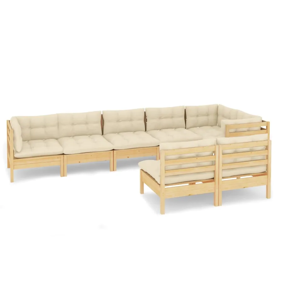 Salon de jardin 8 pcs avec coussins crème Bois de pin massif - 2