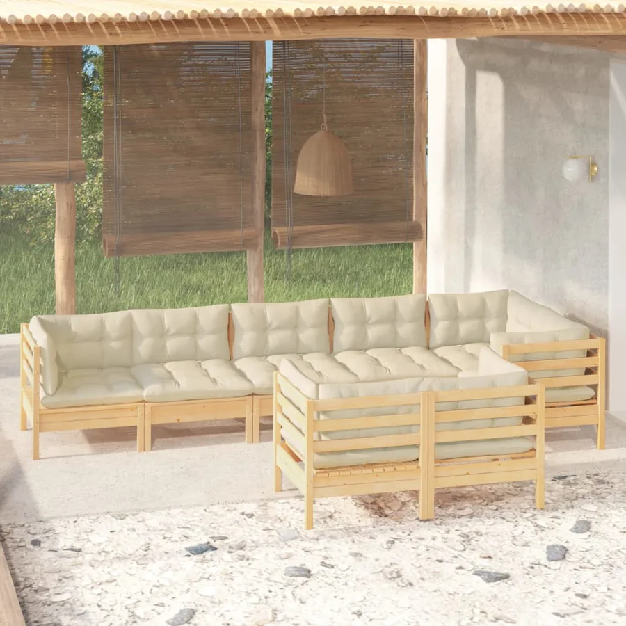 Salon de jardin 8 pcs avec coussins crème Bois de pin massif