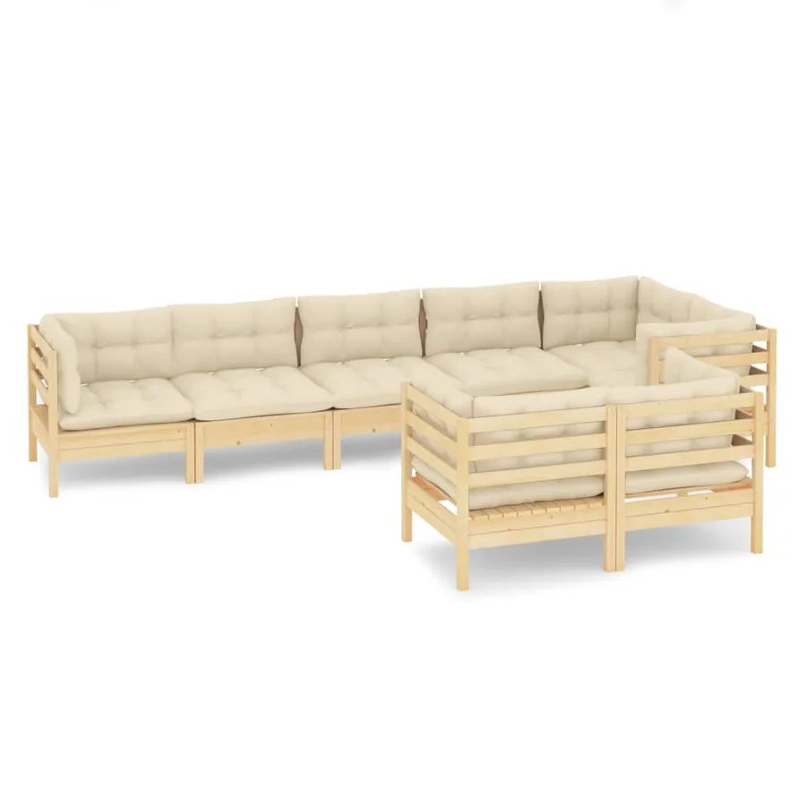 Salon de jardin 8 pcs avec coussins crème Bois de pin massif - 2