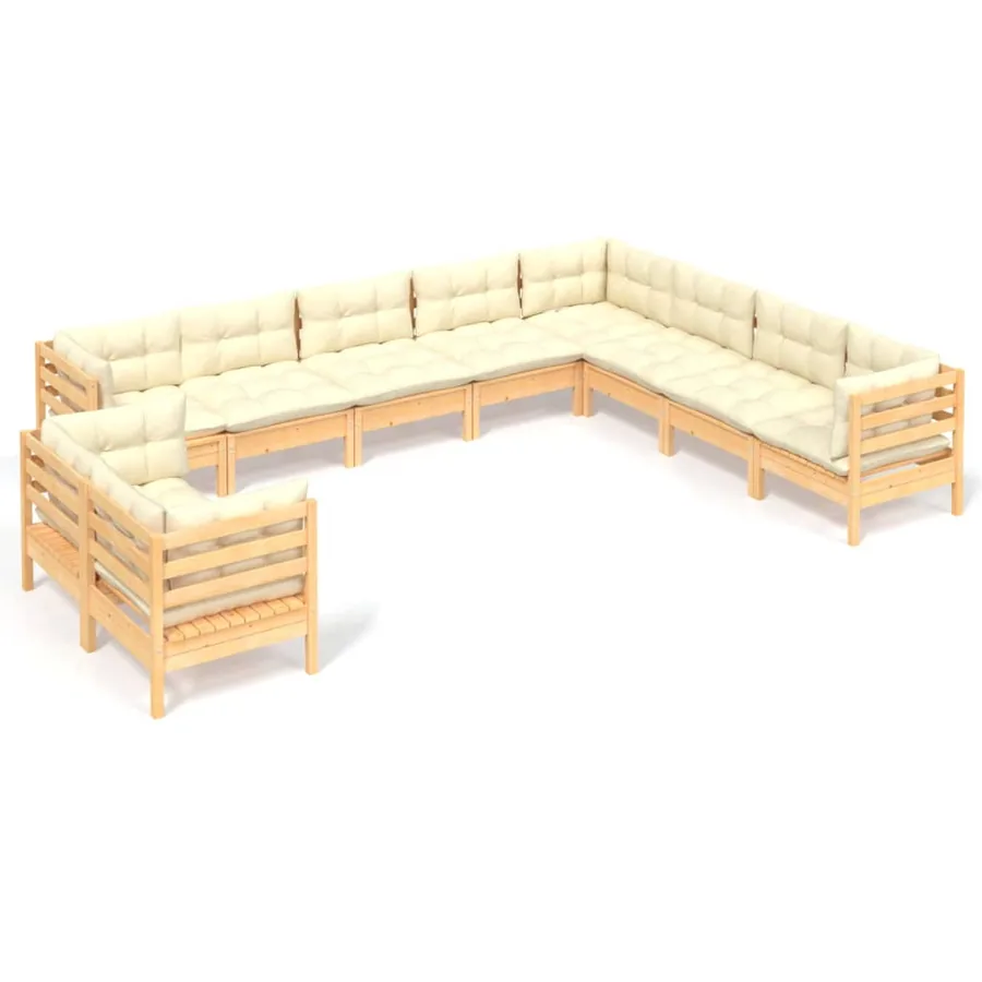 Salon de jardin 10 pcs avec coussins crème bois de pin massif - 2