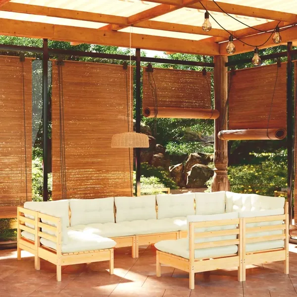 Salon de jardin 9 pcs avec coussins crème bois de pin massif