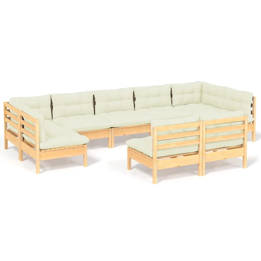 Salon de jardin 9 pcs avec coussins crème bois de pin massif - 2