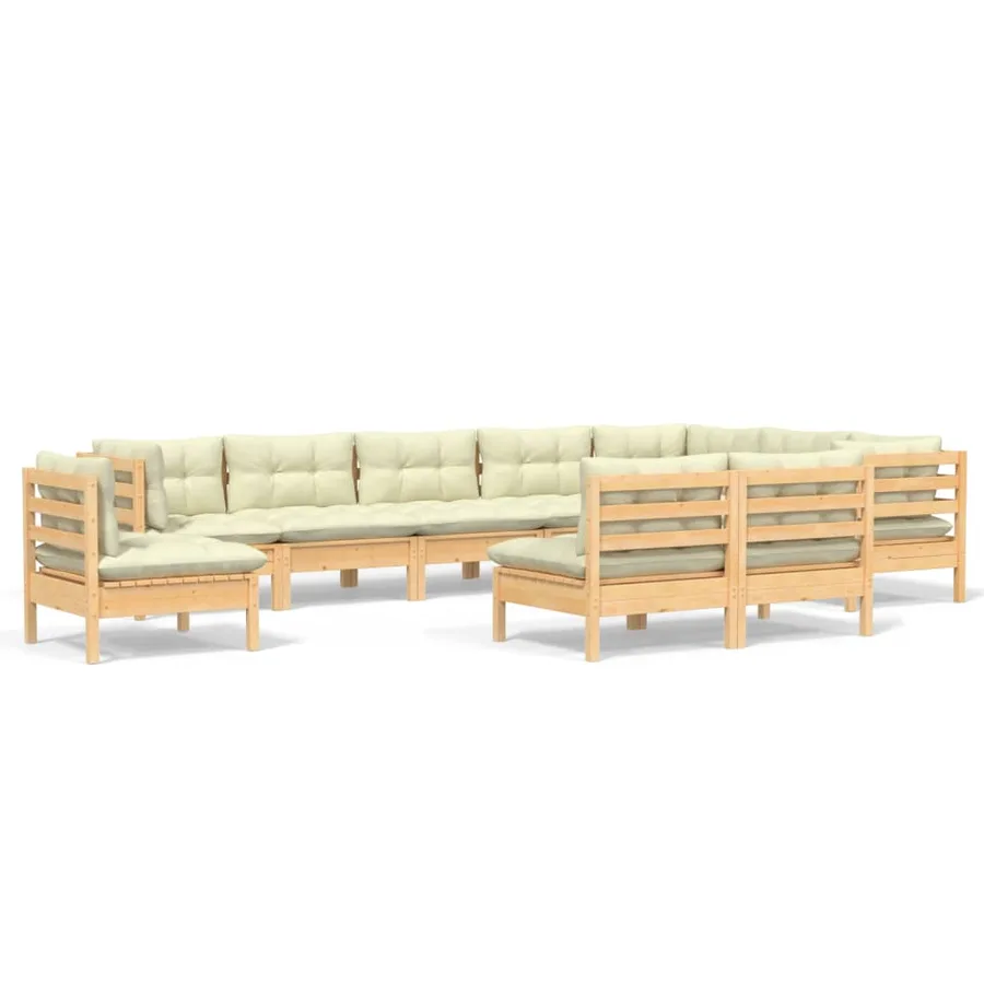 Salon de jardin 10 pcs avec coussins crème bois de pin massif - 2
