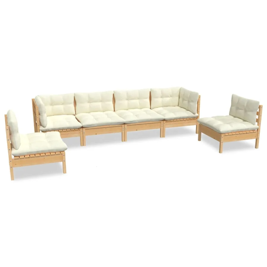 Salon de jardin 6 pcs avec coussins crème Bois de pin massif - 2