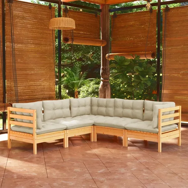 Salon de jardin 5 pcs avec coussins crème bois de pin massif