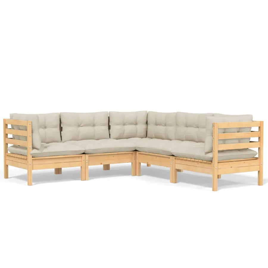 Salon de jardin 5 pcs avec coussins crème bois de pin massif - 2