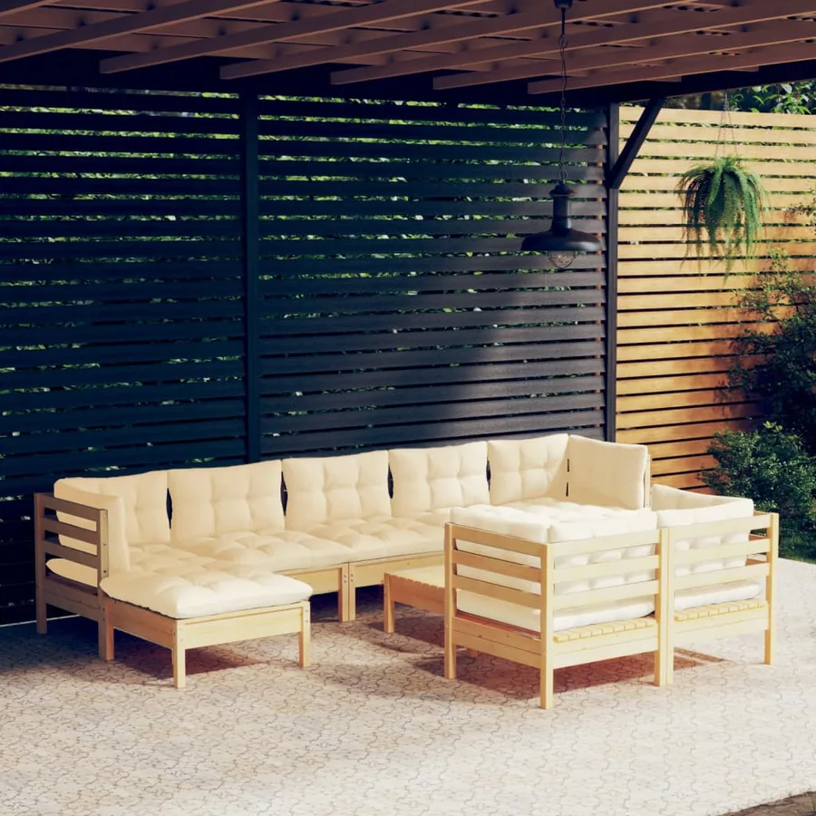 Salon de jardin 10 pcs avec coussins crème bois de pin massif