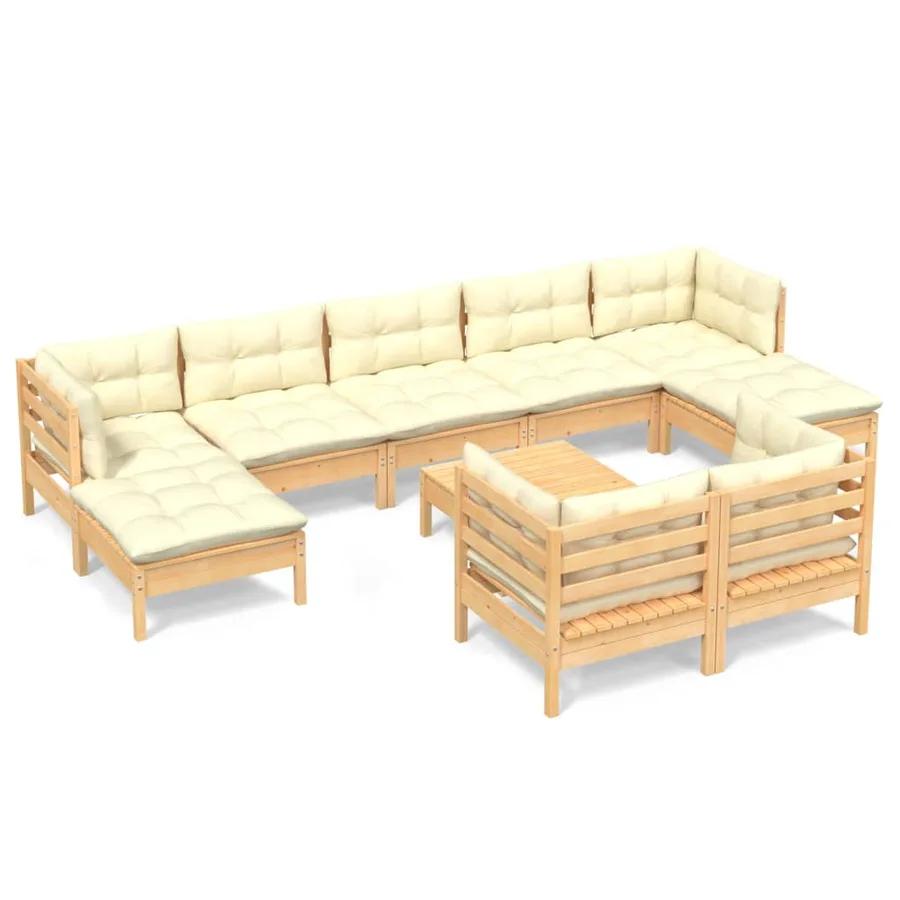 Salon de jardin 10 pcs avec coussins crème bois de pin massif - 2