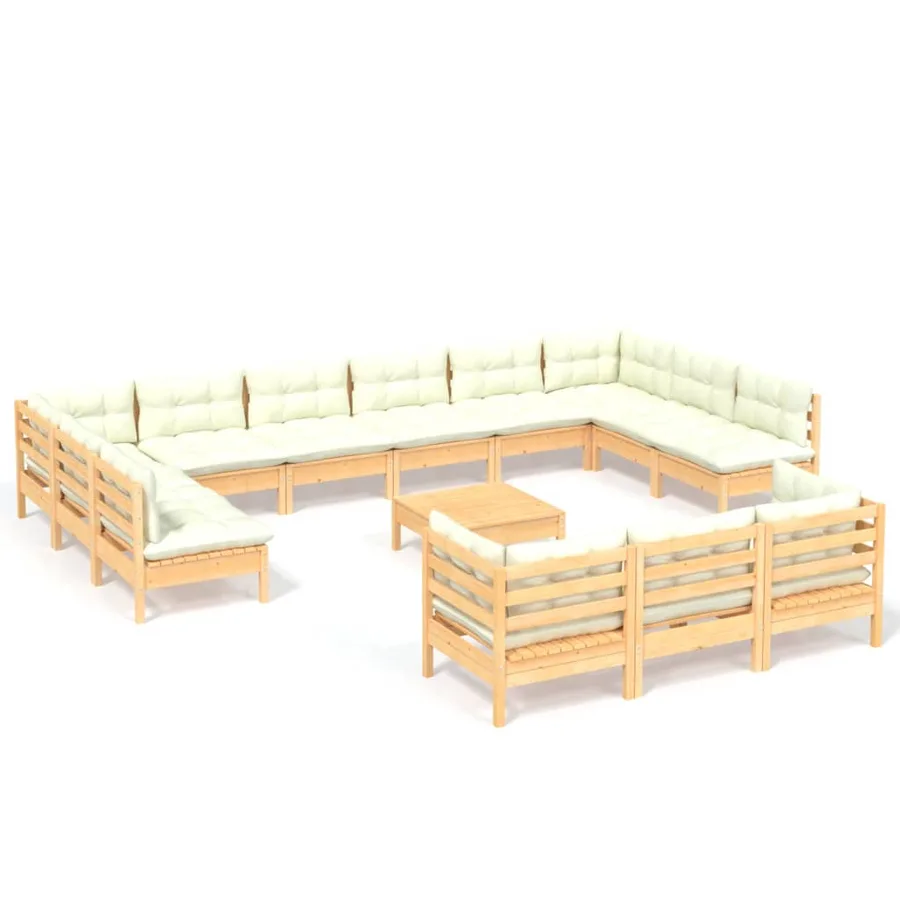 Salon de jardin 14 pcs avec coussins crème Bois de pin - 2