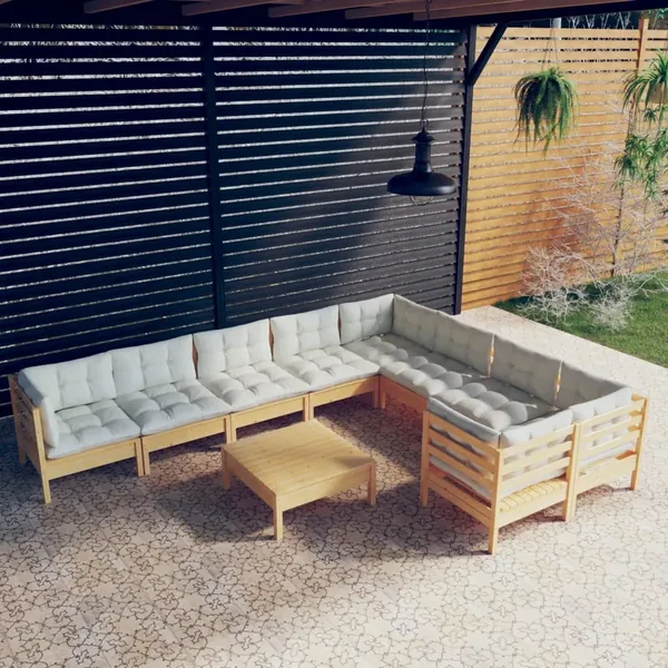 Salon de jardin 10 pcs avec coussins crème Bois de pin