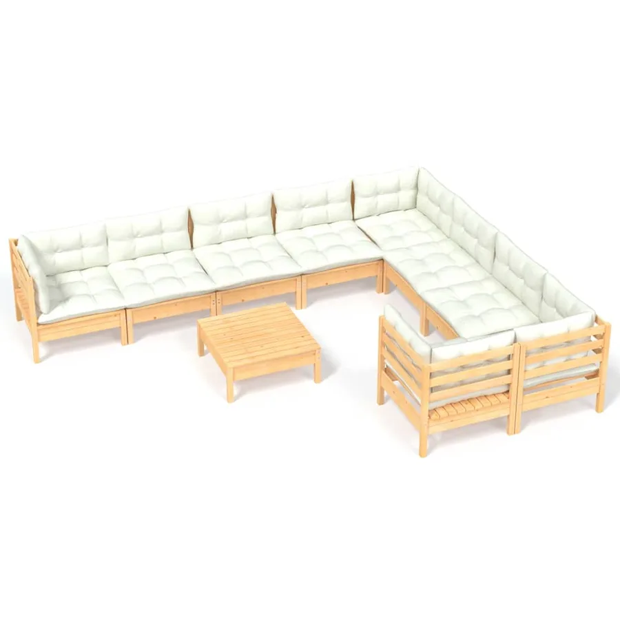 Salon de jardin 10 pcs avec coussins crème Bois de pin - 2