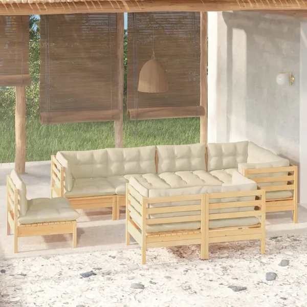 Salon de jardin 8 pcs avec coussins crème Bois de pin massif