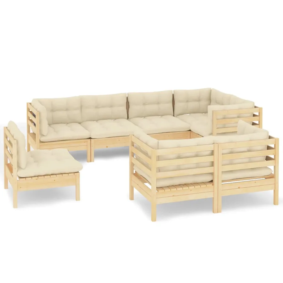 Salon de jardin 8 pcs avec coussins crème Bois de pin massif - 2