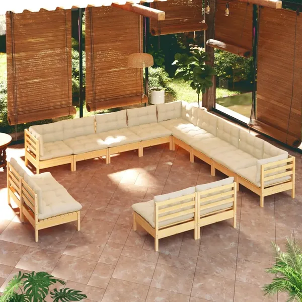 Salon de jardin 13 pcs avec coussins crème Bois de pin massif