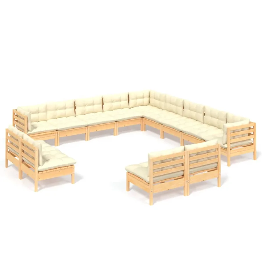 Salon de jardin 13 pcs avec coussins crème Bois de pin massif - 2