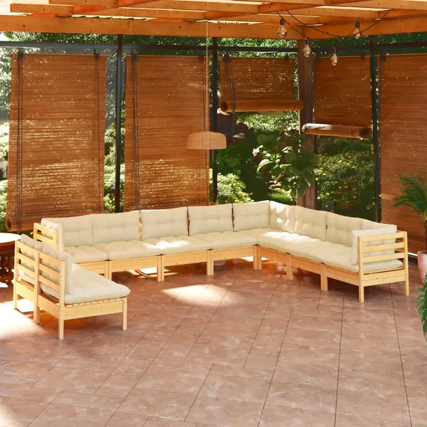 Salon de jardin 10 pcs avec coussins crème bois de pin massif