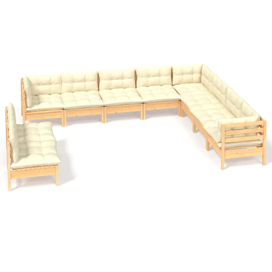 Salon de jardin 10 pcs avec coussins crème bois de pin massif - 2