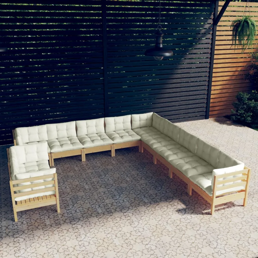 Salon de jardin 11 pcs avec coussins crème Bois de pin solide