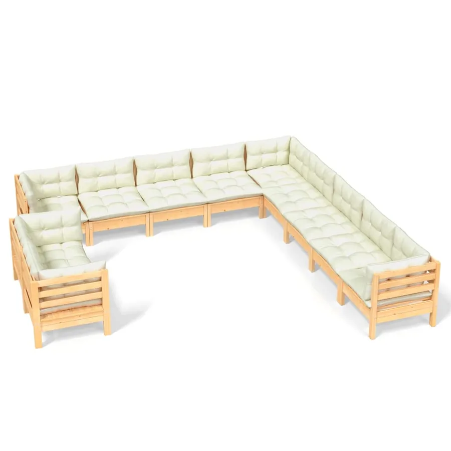 Salon de jardin 11 pcs avec coussins crème Bois de pin solide - 2