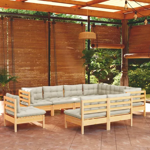 Salon de jardin 9 pcs avec coussins crème bois de pin massif