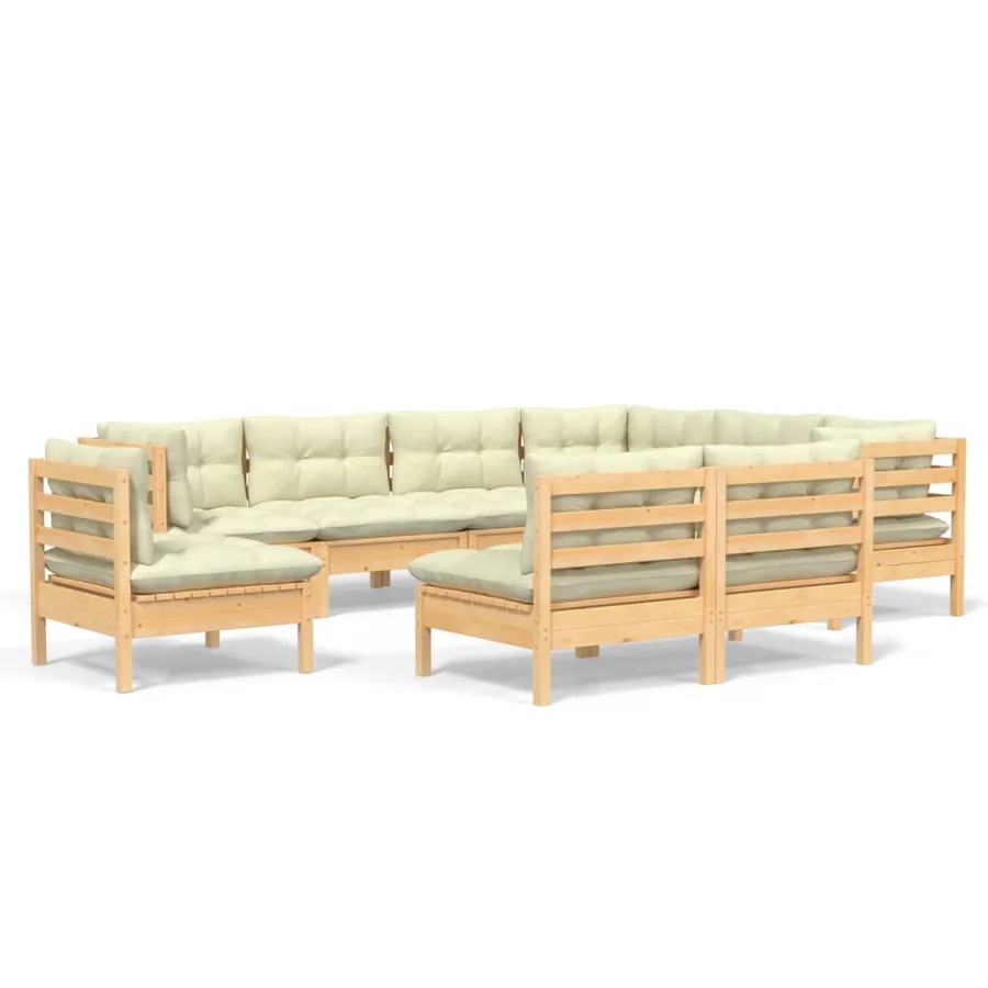 Salon de jardin 9 pcs avec coussins crème bois de pin massif - 2