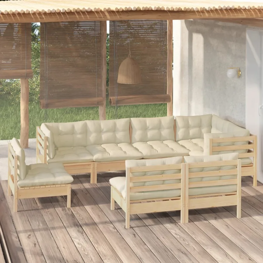 Salon de jardin 8 pcs avec coussins crème Bois de pin massif