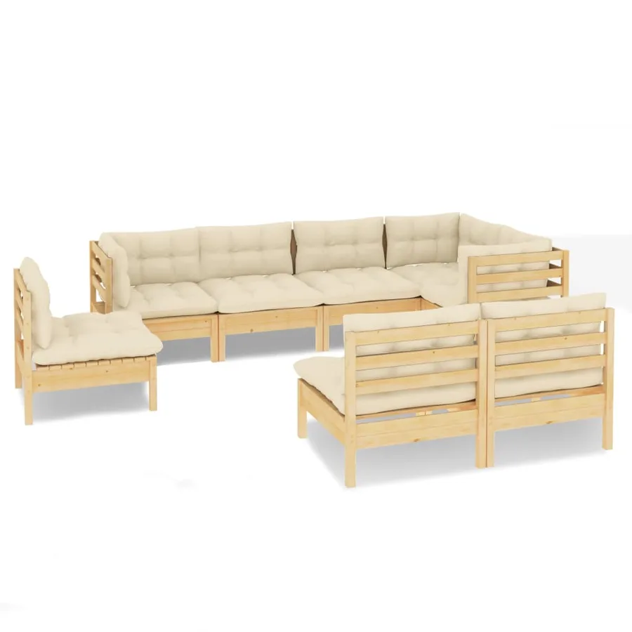 Salon de jardin 8 pcs avec coussins crème Bois de pin massif - 2