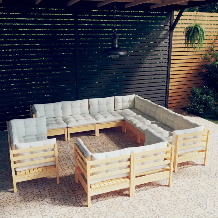 Salon de jardin 11 pcs avec coussins crème Bois de pin solide