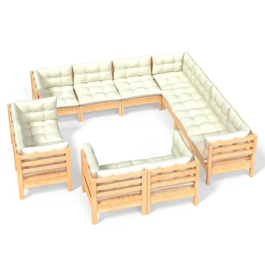 Salon de jardin 11 pcs avec coussins crème Bois de pin solide - 2