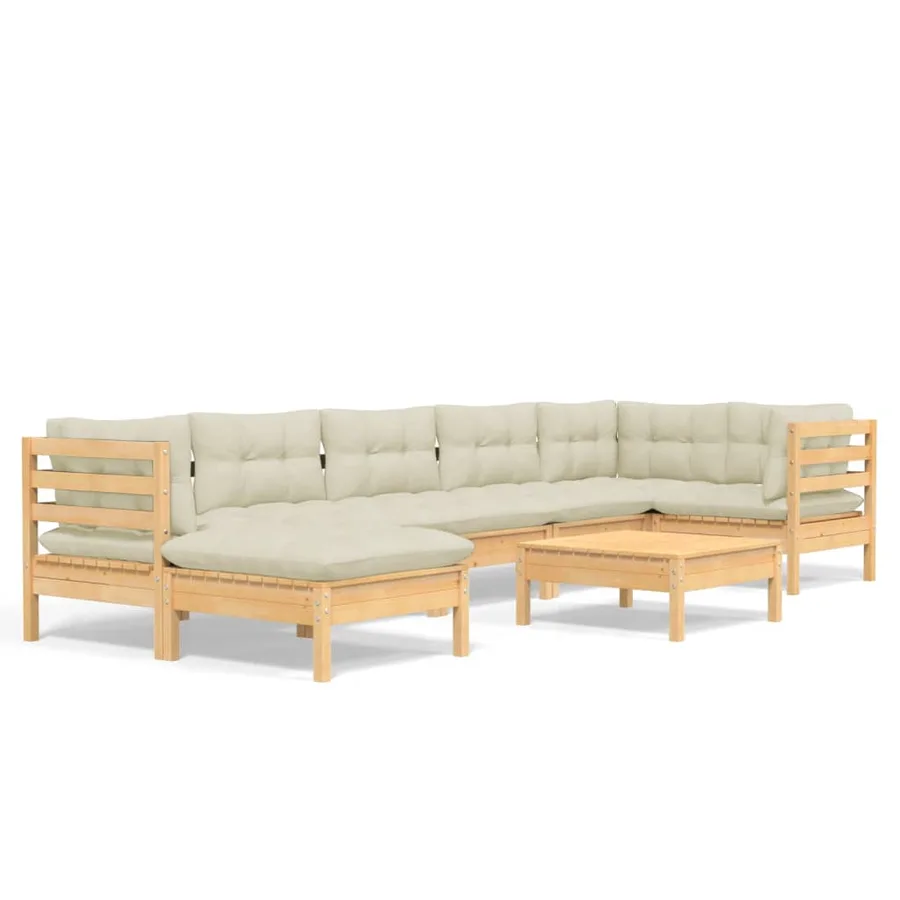 Salon de jardin 8 pcs avec coussins crème Bois de pin massif - 2