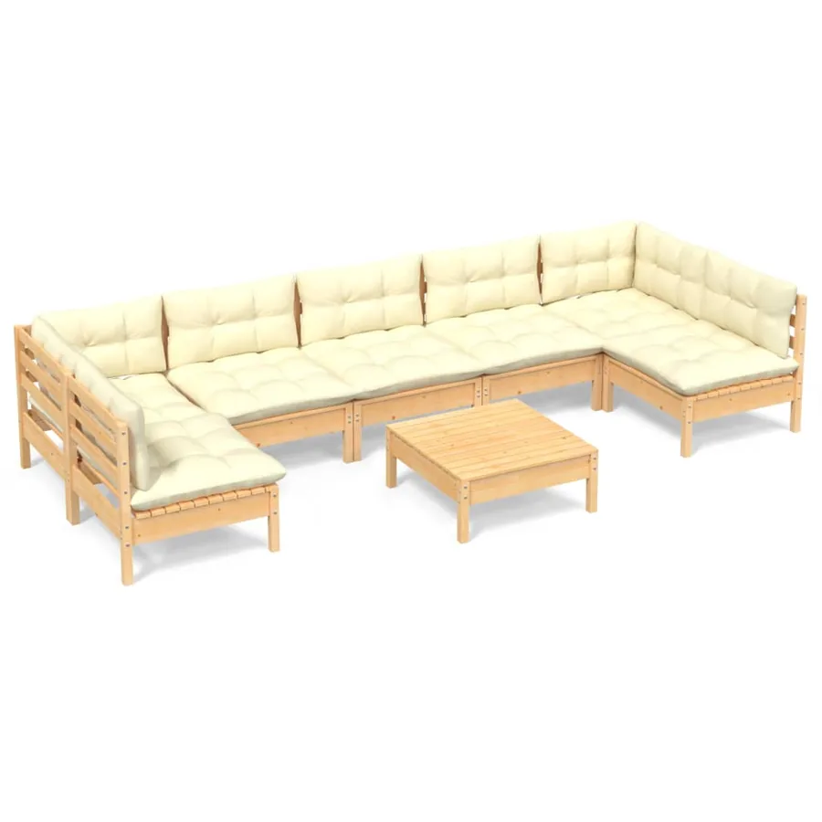 Salon de jardin 8 pcs avec coussins crème Bois de pin massif - 2