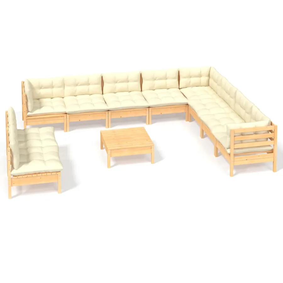 Salon de jardin 11 pcs avec coussins crème Bois de pin solide - 2