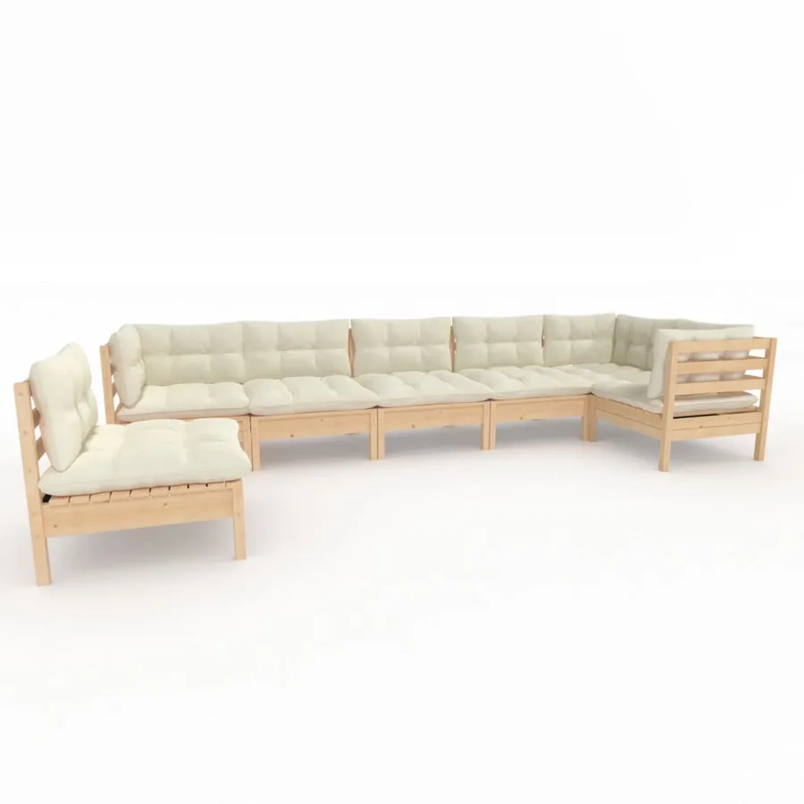 Salon de jardin 7 pcs avec coussins crème bois de pin - 2