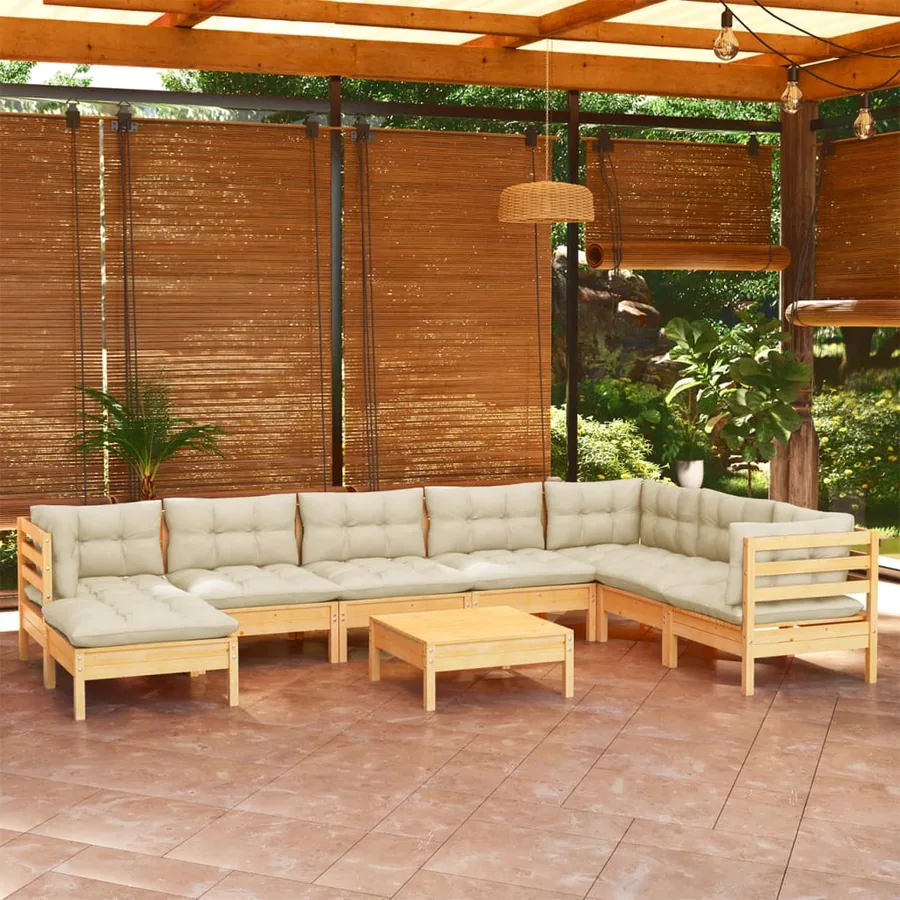 Salon de jardin 9 pcs avec coussins crème bois de pin massif