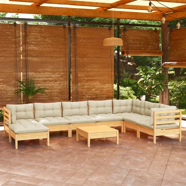 Salon de jardin 9 pcs avec coussins crème bois de pin massif