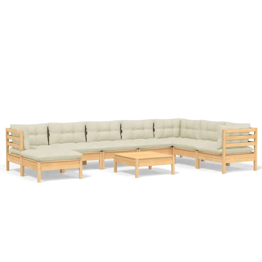 Salon de jardin 9 pcs avec coussins crème bois de pin massif - 2