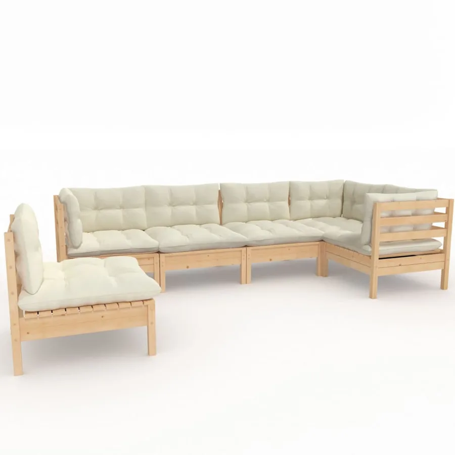 Salon de jardin 6 pcs avec coussins crème bois de pin - 2