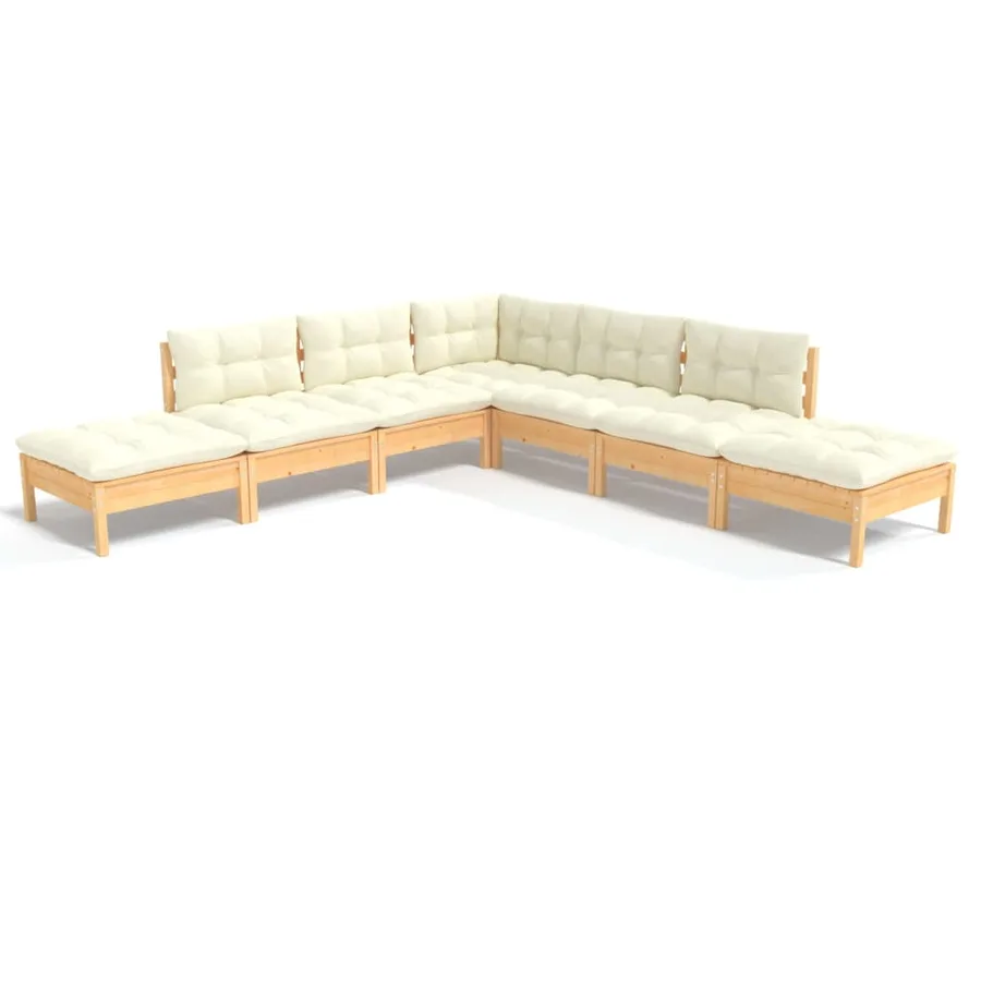 Salon de jardin 7 pcs avec coussins crème bois de pin - 2