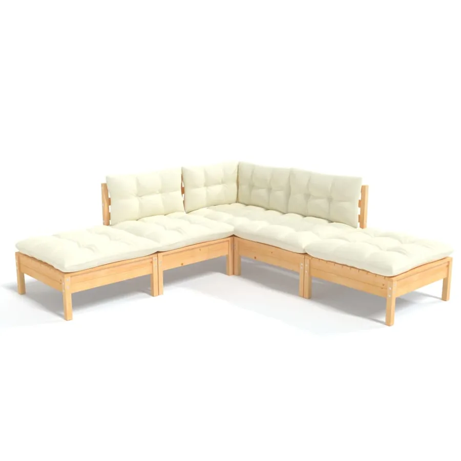 Salon de jardin 5 pcs avec coussins crème bois de pin - 2
