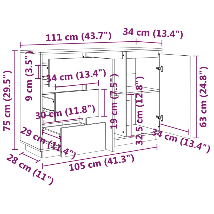 Buffet Blanc 111x34x75 cm Bois massif de pin - 9