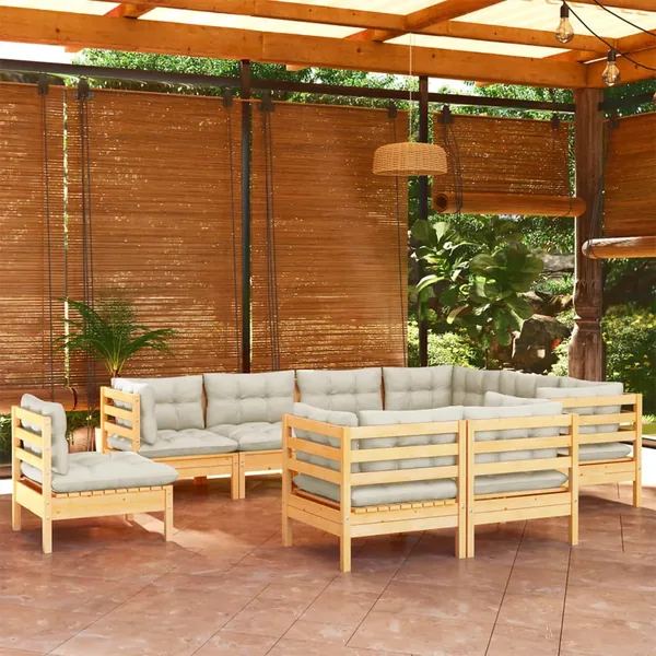 Salon de jardin 9 pcs avec coussins crème bois de pin massif